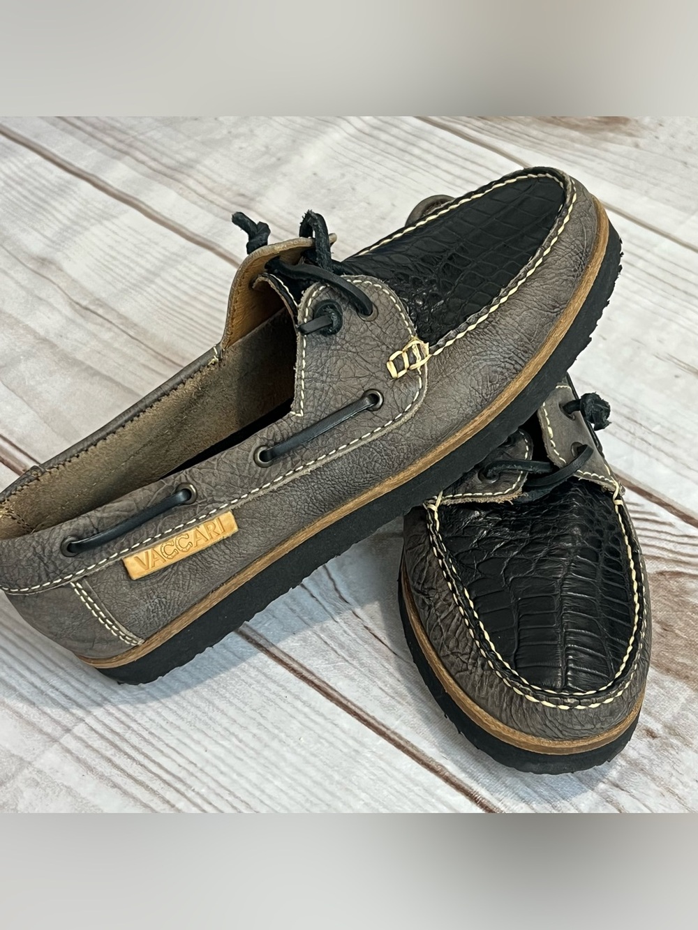 Vaccari goat exotic leather Men’s Brown & Black Leather Boat Shoes lux loafer